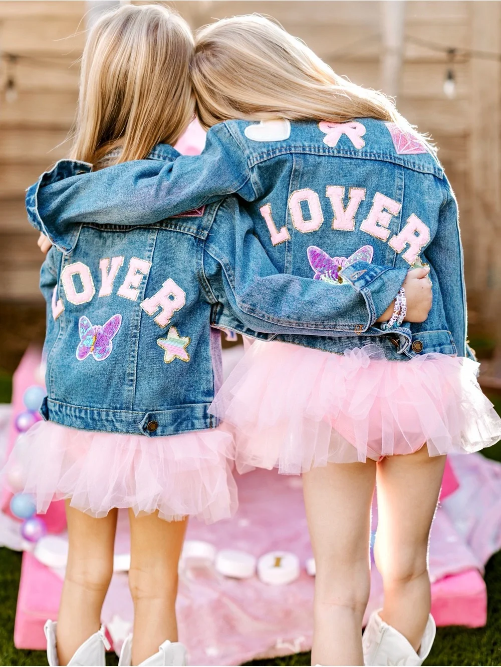 Girls Blue Denim Jacket with Pink 'LOVER' Patches